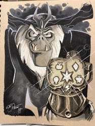 Size: 1536x2048 | Tagged: safe, artist:andypriceart, character:storm king, my little pony: the movie (2017), elements of harmony, grayscale, infinity gauntlet, monochrome, smiling, smirk, traditional art