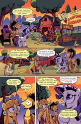 Size: 651x1000 | Tagged: safe, artist:andypriceart, edit, idw, character:filthy rich, character:flax seed, character:rarity, character:wheat grass, species:bird, species:chicken, species:earth pony, species:pony, species:unicorn, comic:friendship is dragons, background pony, barnyard bargains, blue jay, clothing, comic, dialogue, female, flax seed looks at stuff, glasses, grin, hat, looking up, male, mare, necktie, nervous, peace symbol, sign, smiley face, smiling, stallion, text edit, yin-yang