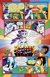 Size: 651x1000 | Tagged: safe, artist:andypriceart, edit, idw, character:filthy rich, character:flax seed, character:rarity, character:wheat grass, species:bird, species:chicken, species:pony, comic:friendship is dragons, ..., background pony, clothing, comic, crying, dialogue, eyes closed, female, grin, heartbreak, hippie, looking up, male, mare, peace symbol, sign, smiling, stallion, sunburst background, text edit, thinking, tongue out, vest, wingding eyes