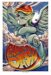 Size: 2600x3800 | Tagged: safe, artist:andypriceart, idw, character:rainbow dash, species:pegasus, species:pony, female, flying, mare, name, one eye closed, solo, sun, wink