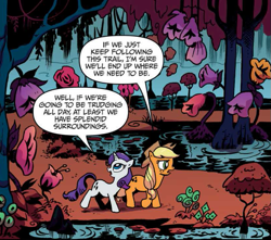 Size: 725x642 | Tagged: safe, artist:andypriceart, idw, official comic, character:applejack, character:rarity, species:earth pony, species:pony, species:unicorn, dialogue, duo, female, flower, forest of leota, giant flower, mare, speech bubble, swamp, tree