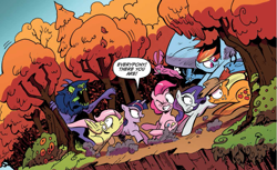 Size: 1171x715 | Tagged: safe, artist:andypriceart, idw, official comic, character:applejack, character:fluttershy, character:pinkie pie, character:rainbow dash, character:rarity, character:twilight sparkle, character:twilight sparkle (unicorn), species:earth pony, species:pegasus, species:pony, species:unicorn, chupacabra, dialogue, female, fleeing, forest of leota, jackalope, mare, speech bubble, tree, vampiric jackalope