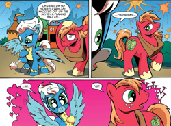 Size: 1171x864 | Tagged: safe, artist:andypriceart, idw, official comic, character:big mcintosh, character:fleetfoot, species:earth pony, species:pegasus, species:pony, comic, dialogue, duo, female, fireworks, fleetmac, heart, infatuation, male, mare, nail, shipping, speech bubble, spread wings, stallion, straight, wingboner, wings, zen and the art of gazebo repair