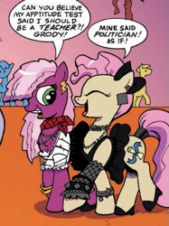 Size: 375x502 | Tagged: safe, artist:andypriceart, idw, official comic, character:cheerilee, character:mayor mare, species:earth pony, species:pony, 80s, 80s cheerilee, bow, clothing, dialogue, duo, eyes closed, female, hair bow, irony, mare, neigh anything, speech bubble, tail wrap, younger
