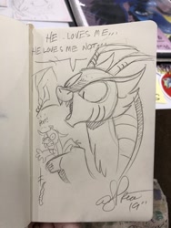 Size: 1536x2048 | Tagged: safe, artist:andypriceart, idw, character:cosmos, character:discord, abuse, discordabuse, female, macro/micro, male, pencil drawing, traditional art