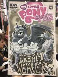 Size: 1536x2048 | Tagged: safe, artist:andypriceart, idw, character:princess luna, character:tiberius, species:alicorn, species:pony, cloud, female, looking at you, mare, marker drawing, opossum, sleeping, solo, traditional art