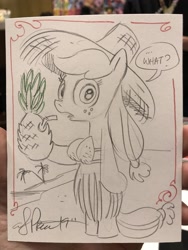 Size: 1536x2048 | Tagged: safe, artist:andypriceart, character:applejack, species:pony, beach, bipedal, clothing, coconut bikini, dexterous hooves, drink, drinking straw, food, freckles, grass skirt, hat, hoof hold, looking at you, pineapple, pineapplejack, semi-anthro, silly, silly pony, skirt, straw hat, traditional art, who's a silly pony