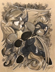Size: 1566x2048 | Tagged: safe, artist:andypriceart, character:lightning dust, character:rainbow dash, species:pegasus, species:pony, angry, clothing, costume, desaturated, fight, gritted teeth, lightning, monochrome, shadowbolts, shadowbolts costume, slapping, traditional art, uniform, wonderbolts uniform