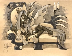 Size: 2048x1588 | Tagged: safe, artist:andypriceart, idw, character:queen chrysalis, species:changeling, episode:the ending of the end, g4, my little pony: friendship is magic, changeling queen, female, lounging, solo, traditional art, ultimate chrysalis