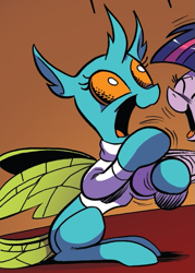 Size: 505x705 | Tagged: safe, artist:andypriceart, idw, official comic, species:changeling, species:reformed changeling, brown background, clothing, cropped, female, open mouth, simple background, solo focus, urtica