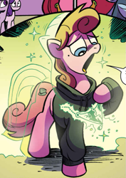 Size: 543x766 | Tagged: safe, artist:andypriceart, idw, official comic, species:earth pony, species:pony, clothing, cropped, female, mare, open mouth, scarlet petal, solo, sweater, transformation