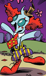 Size: 449x735 | Tagged: safe, artist:andypriceart, idw, character:ocellus, species:changeling, species:reformed changeling, clothing, clown, clown hair, clown nose, clown shoes, costume, cropped, female, necktie, nightmare night costume, open mouth, outfit catalog, solo