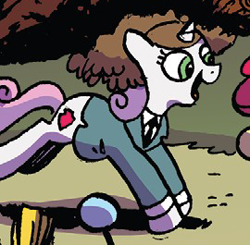Size: 270x265 | Tagged: safe, artist:andypriceart, idw, character:sweetie belle, species:pony, species:unicorn, clothing, costume, cropped, larry fine