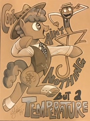 Size: 1184x1600 | Tagged: safe, artist:andypriceart, character:party favor, species:pony, species:unicorn, class of 3000, commission, monkey, monochrome, sepia