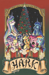 Size: 1186x1800 | Tagged: safe, artist:andypriceart, derpibooru original, edit, idw, character:applejack, character:fluttershy, character:pinkie pie, character:princess celestia, character:princess luna, character:rainbow dash, character:rarity, character:twilight sparkle, character:twilight sparkle (alicorn), species:alicorn, species:earth pony, species:pegasus, species:pony, species:unicorn, candle, christmas, christmas tree, cover, eyeroll, eyes closed, eyeshadow, hark, holiday, hoof hold, makeup, mane six, open mouth, ornament, scroll, tree