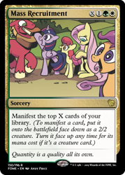 Size: 375x523 | Tagged: safe, artist:andypriceart, edit, character:apple bloom, character:big mcintosh, character:fluttershy, character:scootaloo, character:twilight sparkle, character:twilight sparkle (alicorn), species:alicorn, species:pegasus, species:pony, book, ccg, magic the gathering, saddle bag, trading card, trading card edit