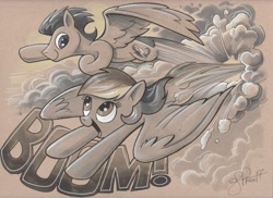 Size: 3508x2552 | Tagged: safe, artist:andypriceart, character:rainbow dash, character:soarin', species:pegasus, species:pony, ship:soarindash, backwards cutie mark, cloud, colored pencil drawing, female, flying, grayscale, male, mare, marker drawing, monochrome, shipping, stallion, straight, traditional art, wonderbolts