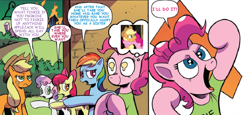 Size: 1000x458 | Tagged: safe, artist:andypriceart, edit, idw, character:apple bloom, character:applejack, character:pinkie pie, character:rainbow dash, character:sweetie belle, ship:applepie, comic, female, lesbian, shipping, text edit