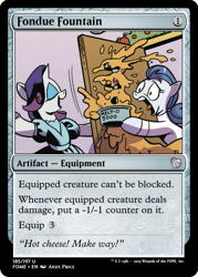 Size: 375x523 | Tagged: safe, artist:andypriceart, edit, idw, character:rarity, species:earth pony, species:pony, species:unicorn, ccg, cheese, clothing, door, dress, fondue, food, imminent disaster, magic the gathering, this will end in pain, trading card, trading card edit