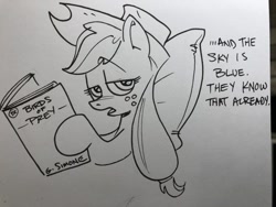Size: 680x510 | Tagged: safe, artist:andypriceart, character:applejack, species:earth pony, species:pony, birds of prey, black and white, comic (object), dc comics, female, gail simone, grayscale, mare, monochrome, pillow, reading