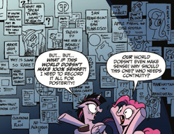 Size: 719x554 | Tagged: safe, artist:andypriceart, idw, official comic, character:pinkie pie, character:queen chrysalis, character:twilight sparkle, character:twilight sparkle (alicorn), species:alicorn, species:earth pony, species:pony, breaking the fourth wall, cropped, dialogue, don't blink, duo, female, mare, reflections, reversalis, speech bubble