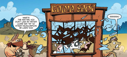 Size: 937x418 | Tagged: safe, artist:andypriceart, idw, official comic, species:cow, species:goat, broken glass, bull, china shop, cropped, dialogue, doc holstein, female, male, pun, scorpion, speech bubble, stampede, udder, visual gag