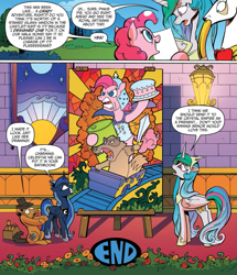Size: 937x1091 | Tagged: safe, artist:andypriceart, idw, official comic, character:king aspen, character:pinkie pie, character:princess celestia, character:princess luna, species:alicorn, species:deer, species:earth pony, species:pony, badger, clothing, comic, cropped, dialogue, female, hat, male, mare, royal sisters, speech bubble, stag, stained glass, stallion, the end, toolbox, window