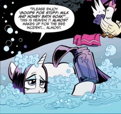 Size: 484x454 | Tagged: safe, artist:andypriceart, idw, official comic, character:rarity, species:bird, species:chicken, species:pony, species:unicorn, bath, bathtub, bubble bath, cropped, female, goops for stuff, mare, shampoo, stupid sexy rarity, towel, wet, wet mane, wet mane rarity