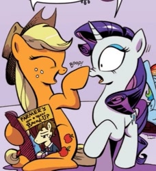Size: 355x390 | Tagged: safe, artist:andypriceart, idw, official comic, character:applejack, character:rainbow dash, character:rarity, species:earth pony, species:pony, species:unicorn, boop, cropped, cute, duo, eyes closed, female, mare, wide eyes
