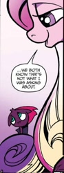 Size: 281x758 | Tagged: safe, artist:andypriceart, idw, official comic, character:fizzlepop berrytwist, character:princess cadance, character:tempest shadow, species:alicorn, species:pony, species:unicorn, cropped, cute, dialogue, duo, female, gradient background, mare, speech bubble, tempestbetes