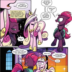 Size: 997x992 | Tagged: safe, artist:andypriceart, idw, official comic, character:fizzlepop berrytwist, character:princess cadance, character:tempest shadow, species:alicorn, species:pony, species:unicorn, broken horn, comic, cropped, dialogue, duo, eye scar, female, horn, hypocrisy, mare, ouch, savage, scar, speech bubble
