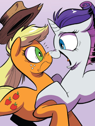 Size: 884x1177 | Tagged: safe, artist:andypriceart, idw, official comic, character:applejack, character:rarity, species:earth pony, species:pony, species:unicorn, friends forever, applejack's hat, boop, carousel boutique, clothing, comic, cowboy hat, cropped, duo, female, hat, mare, nose to nose, noseboop, open mouth, tongue out