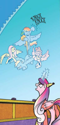 Size: 288x601 | Tagged: safe, artist:andypriceart, idw, official comic, character:fluttershy, character:lightning dust, character:princess cadance, character:rainbow dash, species:alicorn, species:pegasus, species:pony, cropped, crossed arms, female, force field, frown, knocking, mare, siege of the crystal empire, smiling