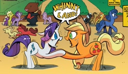 Size: 1615x934 | Tagged: safe, artist:andypriceart, idw, official comic, character:applejack, character:rarity, species:earth pony, species:pegasus, species:pony, species:unicorn, friends forever, background pony, didney worl, duo focus, female, male, mare, stallion, unnamed pony, whinnyland