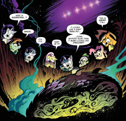 Size: 1262x1216 | Tagged: safe, artist:andypriceart, idw, official comic, character:applejack, character:discord, character:fluttershy, character:pinkie pie, character:rainbow dash, character:rarity, character:spike, character:starlight glimmer, character:twilight sparkle, character:twilight sparkle (alicorn), species:alicorn, species:dragon, species:pony, species:unicorn, chaos theory (arc), crater, cropped, dialogue, egg, female, male, mane eight, mane seven, mane six, mare, night, speech bubble, stars, worm's eye view