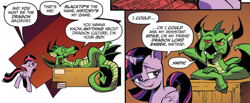 Size: 2583x1069 | Tagged: safe, artist:andypriceart, idw, official comic, character:twilight sparkle, character:twilight sparkle (alicorn), species:alicorn, species:dragon, species:pony, armpits, blacktip, comic, convocation of the creatures, cropped, dialogue, duo, female, male, mare, on back, smug, smuglight sparkle, speech bubble