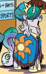 Size: 572x911 | Tagged: safe, artist:andypriceart, idw, official comic, character:princess celestia, species:pony, alternate hairstyle, clothing, cropped, crown, dress, eyes closed, female, hair up, hoof shoes, jewelry, mare, open mouth, outfit catalog, regalia, robe, solo focus