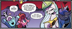 Size: 2440x973 | Tagged: safe, artist:andypriceart, idw, character:princess celestia, character:princess luna, character:tiberius, species:pony, brother and sister, clothing, colt, cropped, dialogue, female, filly, foal, hoof shoes, irritated, looking at you, luna is not amused, male, mare, opossum, royal sisters, scarlet petal, siblings, speech bubble, unamused, winter comet