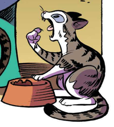 Size: 928x1029 | Tagged: safe, artist:andypriceart, idw, animal, bowl, cat, cropped, food bowl, open mouth, pointing, socks (coat marking), tongue out