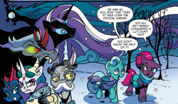 Size: 2650x1546 | Tagged: safe, artist:andypriceart, idw, character:glitter drops, character:king sombra, character:nightmare rarity, character:princess celestia, character:princess luna, character:queen chrysalis, character:rarity, character:tempest shadow, species:changeling, species:draconequus, species:pony, species:unicorn, accord, bag, bare tree, broken horn, changeling queen, chaos theory (arc), clothing, cropped, dialogue, evil celestia, evil luna, evil sisters, eye scar, facial hair, female, horn, horn jewelry, jewelry, male, mare, moustache, reflections, saddle bag, scar, scarf, snow, speech bubble, stallion, tree