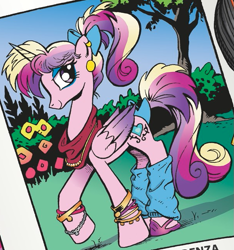 Size: 601x641 | Tagged: safe, artist:andypriceart, character:princess cadance, species:alicorn, species:pony, 80's fashion, 80s, baggy clothing, bracelet, colored wings, comic panel, cute, cutedance, ear piercing, eyeshadow, female, folded wings, hair bow, hoof shoes, jewelry, leg warmers, lidded eyes, makeup, mare, multicolored hair, multicolored wings, necklace, one hoof raised, piercing, ponytail, poofy mane, pose, smiling, tail bow, teenager, yearbook photo