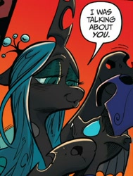 Size: 791x1047 | Tagged: safe, artist:andypriceart, idw, official comic, character:queen chrysalis, species:changeling, comic panel, fiendship is magic, hasbro, petting, red background, simple background