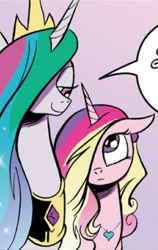Size: 460x728 | Tagged: safe, artist:andypriceart, idw, official comic, character:princess cadance, character:princess celestia, species:alicorn, species:pony, aunt and niece, cropped, duo, eye contact, female, hair over one eye, lidded eyes, looking at each other, mare, neigh anything, out of context, pink background, simple background