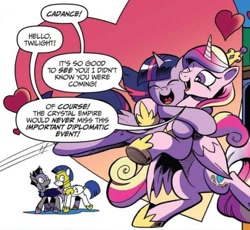 Size: 670x616 | Tagged: safe, artist:andypriceart, idw, official comic, character:princess cadance, character:twilight sparkle, character:twilight sparkle (alicorn), species:alicorn, species:pony, comic panel, cute, eyes closed, female, heart, hug, mare, official art, one eye closed, royal guard, shipping fuel, sisters-in-law