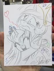 Size: 768x1024 | Tagged: safe, artist:andypriceart, character:princess celestia, character:princess luna, species:alicorn, species:pony, andy price is trying to murder us, cute, eyes closed, female, floating heart, heart, hug, lunabetes, mare, open mouth, pencil drawing, royal sisters, sisterly love, tongue out, traditional art