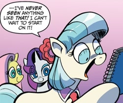 Size: 408x341 | Tagged: safe, artist:andypriceart, idw, official comic, character:coco pommel, character:fluttershy, character:rarity, species:pony, comic panel, dialogue, female, hoof hold, mare, pink background, simple background, speech bubble, trio