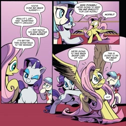 Size: 949x949 | Tagged: safe, artist:andypriceart, idw, official comic, character:coco pommel, character:fluttershy, character:rarity, species:earth pony, species:pegasus, species:pony, species:unicorn, comic, comic panel, dialogue, female, lip bite, mare, out of context, pushing, speech bubble, spread wings, trio, wings