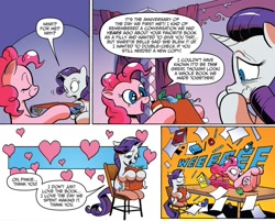 Size: 1000x802 | Tagged: safe, artist:andypriceart, idw, official comic, character:pinkie pie, character:rarity, species:pony, book, chair, comic, comic panel, cropped, dialogue, duo, female, mare, pinkie being pinkie, rarity is not amused, sitting, sliding, speech bubble, unamused