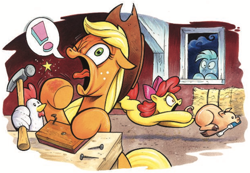 Size: 1234x854 | Tagged: safe, artist:andypriceart, idw, character:apple bloom, character:applejack, character:big mcintosh, species:bird, species:chicken, species:earth pony, species:pony, apple siblings, apple sisters, barn, brother and sister, chase, cloven hooves, cropped, dialogue, exclamation point, female, filly, foal, hammer, hay bale, male, mare, mouth hold, nail, one eye closed, pain, pictogram, pig, screwdriver, siblings, simple background, sisters, speech bubble, stallion, tongue out, white background, window, wing hands, wing hold, wings
