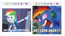 Size: 720x405 | Tagged: safe, artist:andypriceart, edit, edited screencap, idw, screencap, character:rainbow dash, character:tank, derpibooru, equestria girls:rainbow rocks, g4, my little pony:equestria girls, and then there's this asshole, caption, cropped, do i look angry, exploitable meme, faec, image macro, juxtaposition, meme, meta, nightmare face, nightmare fuel, pointing, rage, reaction image, text